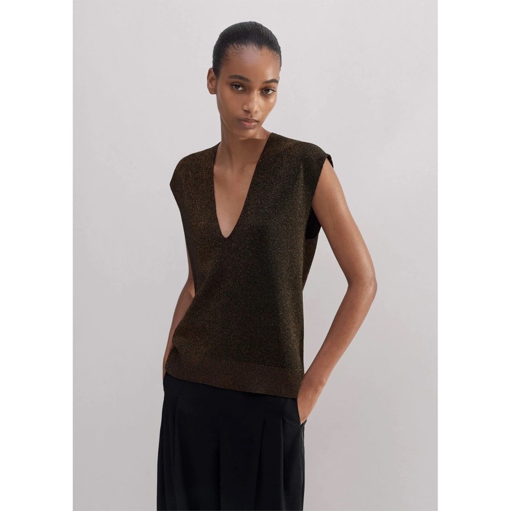 ME+EM Metallic Knit V-Neck Top Size XS Bronze Double Espresso Brown Shimmer Chic